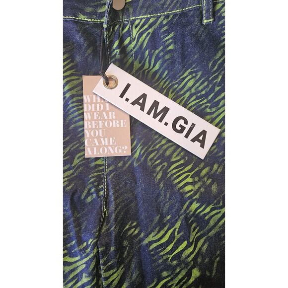 Tiger Mist I.AM.GIA Tali Tiger Denim Flare Pant Blue & Green Print NWT LARGE - Picture 5 of 11